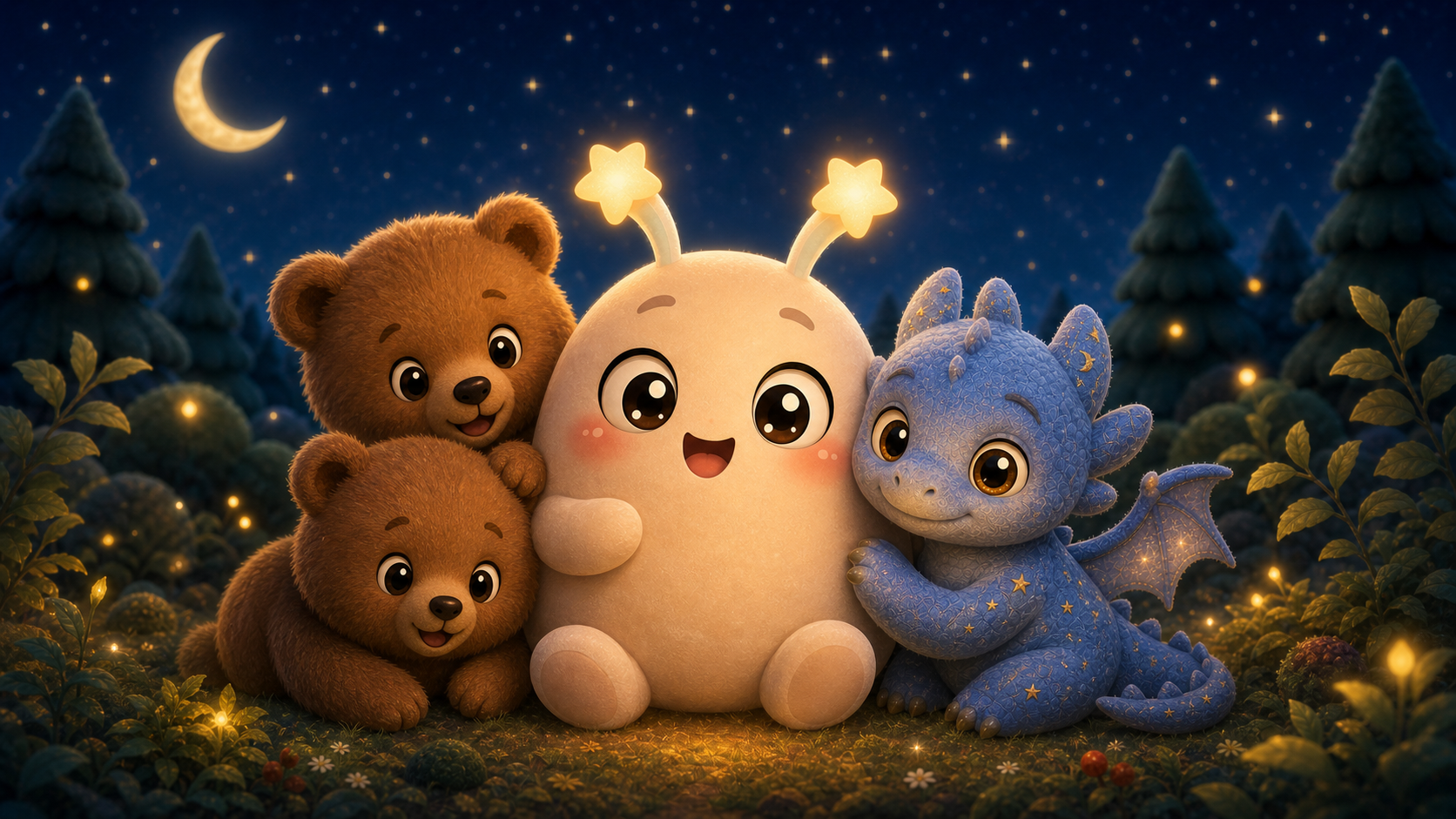 Talo with story friends Bram, Fern, and Nova together