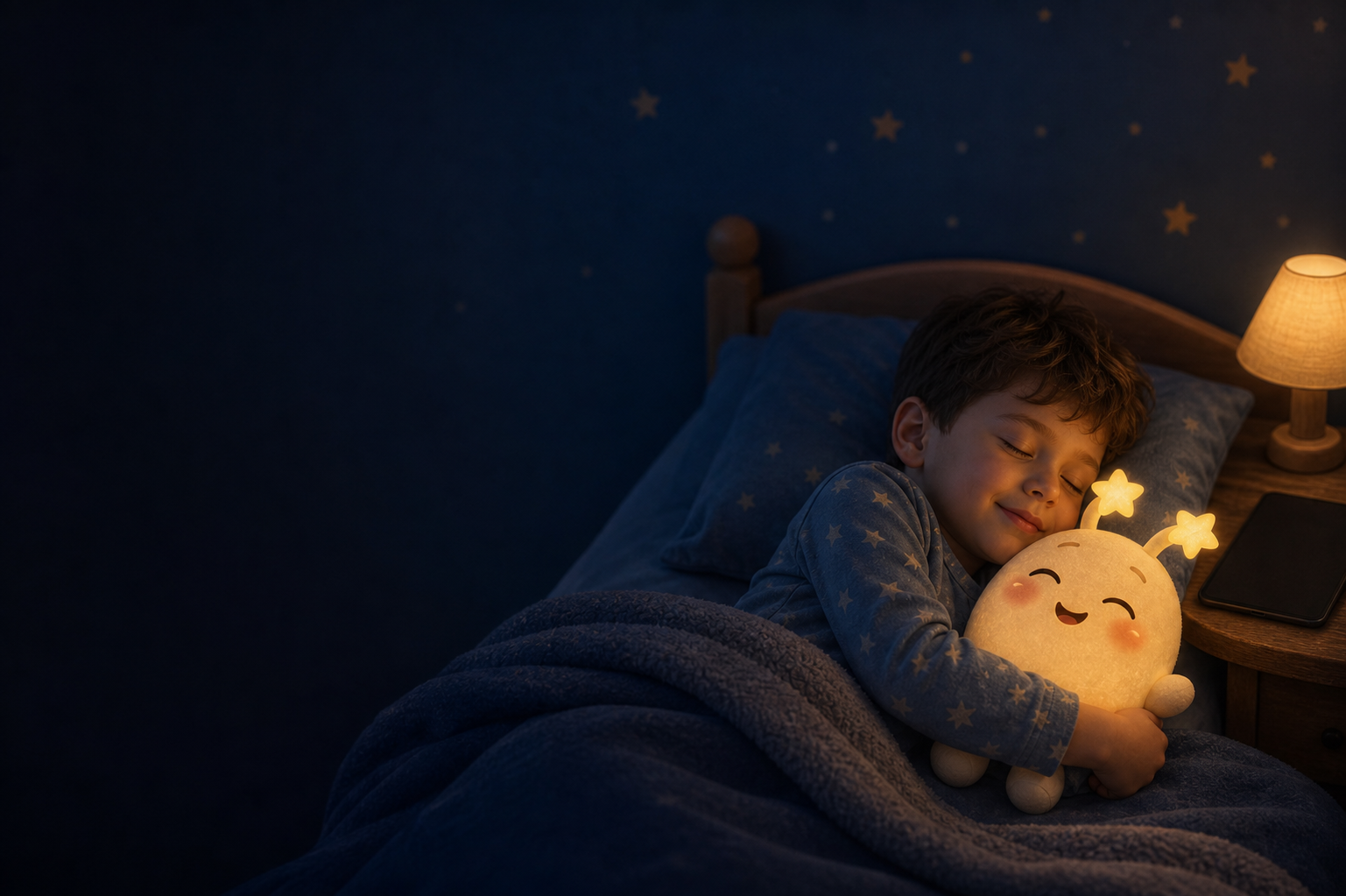 A young child asleep in bed, snuggled up holding Talo — a glowing cream companion with gold star antennae — beside a warm lamp, with the tablet face-down on the nightstand.
