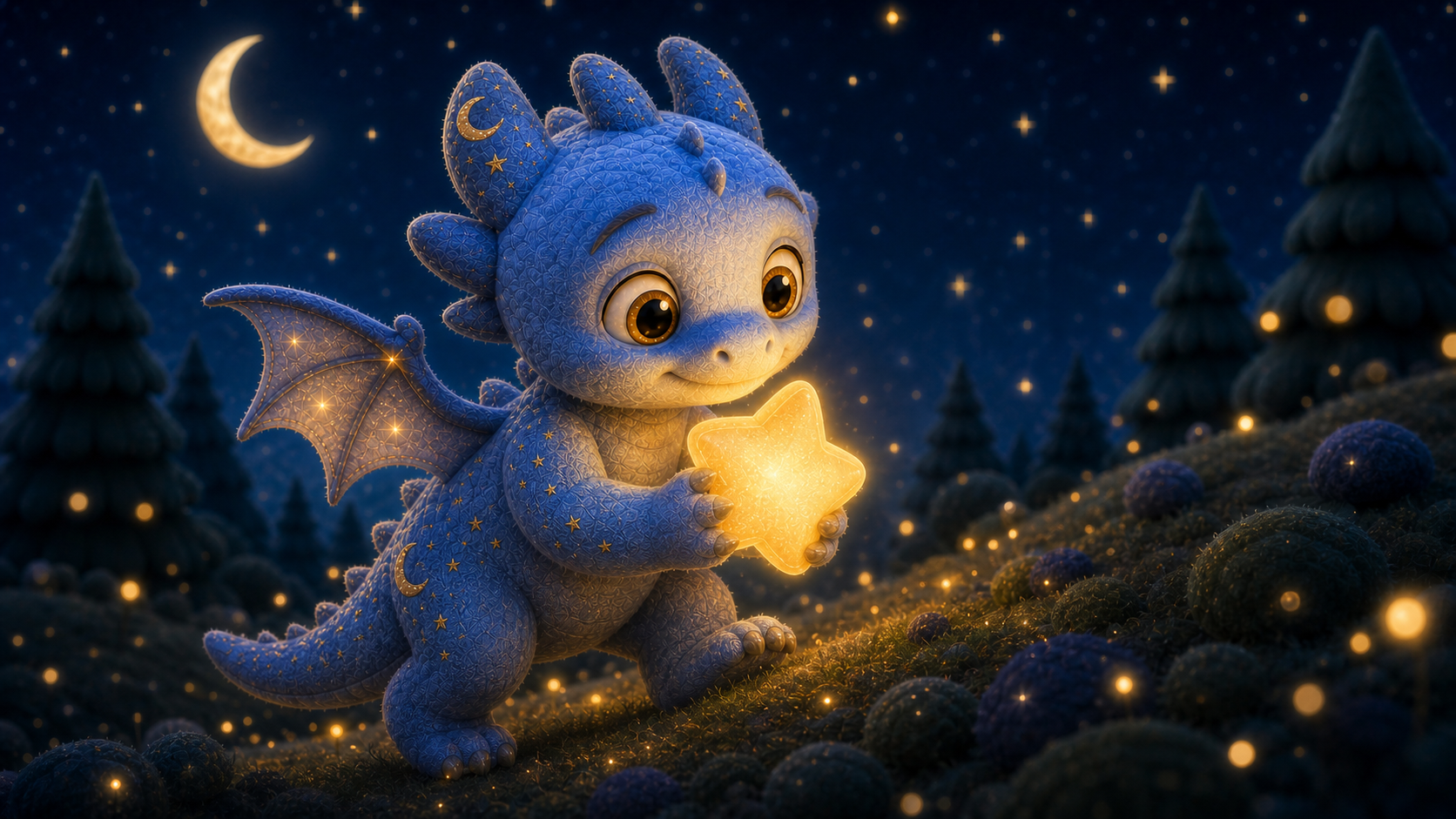 Nova gently carrying a glowing star up a moonlit hill