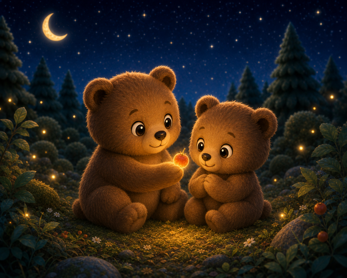 Bram and Fern sharing one glowing berry under the stars